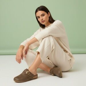 Brown Perforated Mules with Gold Buckle